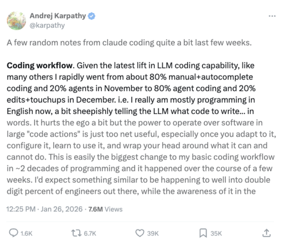 Andrej Karpathy on coding workflow shift to 80% agent